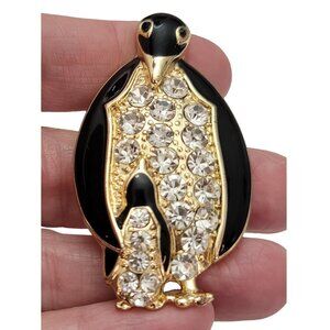 Monet Black Enamel Clear Rhinestone Penguin, Baby Brooch, Signed E777